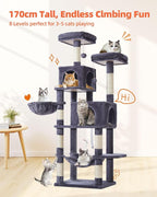 Taoqimiao Cat Tree, 66.2 in Tall Cat Tower with 2 Plush Cat Condos | 7 Scratching Posts, 2 Top Perches, Cozy Hammock & Basket, Indoor Cats, 2 Pompoms & Mouse Toy, Smoky Gray, MS013G