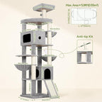 Globlazer F83C Heavy Duty Tall Cat Tree, 83in Multi-Level Tower, Light Grey | Easy Assembly, Maine Coon, Large Cats, Tall Tower, 2 Condos, 3 Hanging Baskets, 2 Perches, 7 Sisal Posts, Anti-Topple Strap