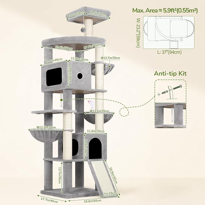 Globlazer F83C Heavy Duty Tall Cat Tree, 83in Multi-Level Tower, Light Grey | Easy Assembly, Maine Coon, Large Cats, Tall Tower, 2 Condos, 3 Hanging Baskets, 2 Perches, 7 Sisal Posts, Anti-Topple Strap