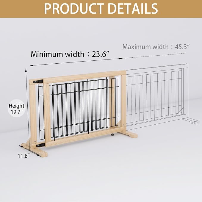 YOCAN Adjustable Wide Dog Gate for Doors, Hallways & Stairs – 19.7" Tall, 23.6–45.3" Expandable Freestanding Pet Safety Gate, No Drill Pressure Mounted Wood & Metal Frame (Black/Natural)