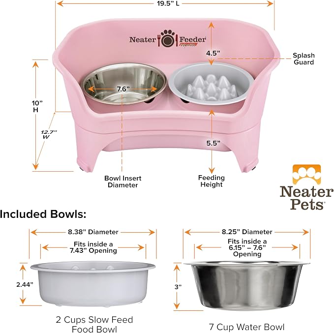 Neater Feeder Express Mess Proof Dog Bowls Elevated for Medium and Large Breed – Made in USA – No Spill Raised Slow Feeder Elevated Dog Bowl Stand, Slow Feed Food and Water Bowl Set, Pink