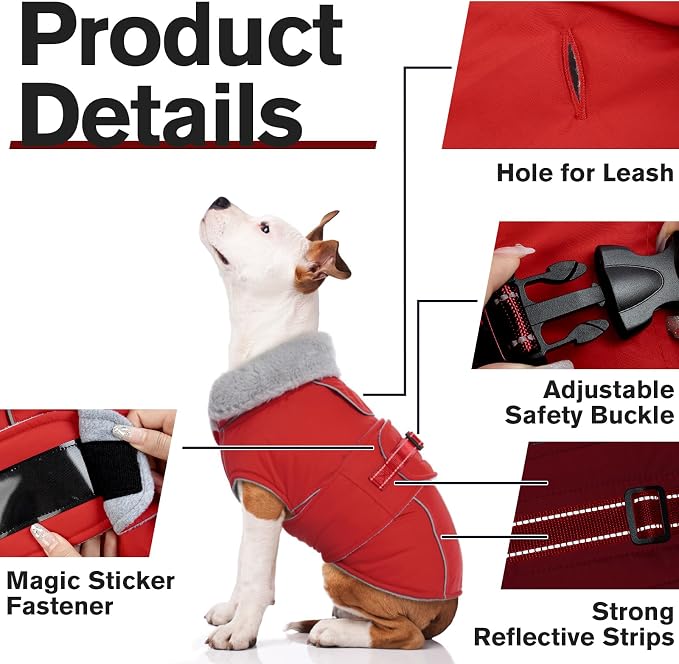 Lelepet Dog Coat Waterproof Dog Jacket Fleece Vest with Adjustable Buckle | Reflective Winter Coats with Adjustable Hook & Loop Closure Cold Weather Coats for Small Medium Large Dogs,Leash Hole Red, M