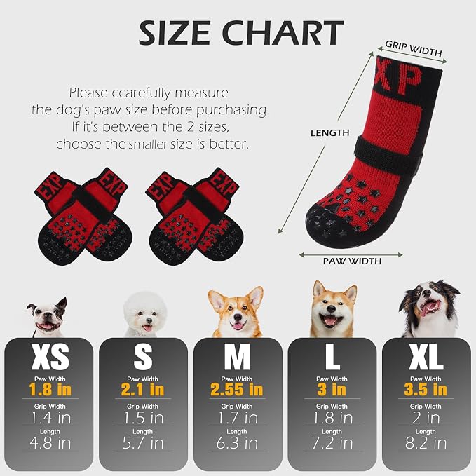 EXPAWLORER Anti Slip Dog Socks to Prevent Licking Paws, Dog Shoes for Hot Pavement, Booties for Hardwood Floors, Dog Boots & Paw Protectors with Grippers for Small Medium Large Senior Dogs Red