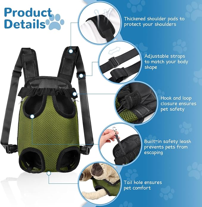 YUDODO Pet Dog Carrier Backpack Adjustable Front Carrier for Small Dog Cat | Legs Out Design, Easy-Fit Travel Backpack, Hiking and Walking, Durable Comfortable, Perfect for Outdoor, Army Green, S