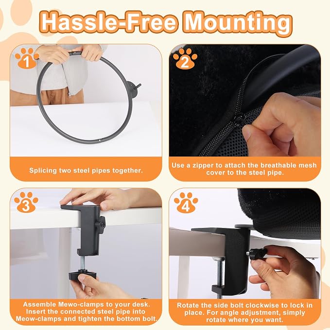 Cat Desk Bed - Ergonomic cat Desk Perch Clamp for Remote Workers - Quality Desktop Suspended Cat's Bed- Rotating Cats Hammock Desk with Removable Cover, Cat Bed Hold UP to 50LBS