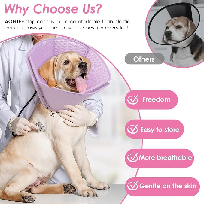 AOFITEE Soft Dog Cone, Adjustable Cones for Dogs After Surgery, Comfy Dog Cone Collar Alternative to Stop Licking, Elizabethan Recovery Collar for Large Dogs(Purple,Large)