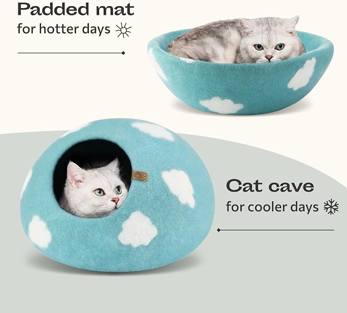 MEOWFIA Cat Cave – Premium Felt Cat Bed Enclosure for Indoor Cats, Handmade Merino Wool (Cloud Nap Blue, Medium)