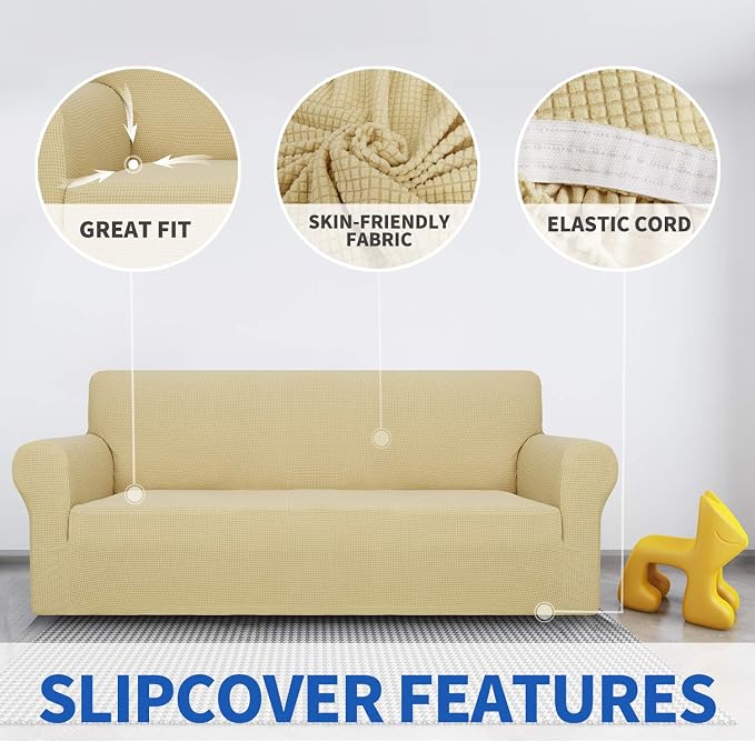 MAXIJIN Stretch Loveseat Sofa Slipcovers 1 piece Love Seat Couch Covers for 2 Cushion Couch Non Slip Sofa Cover Washable Dog Cat Proof Furniture Protector Pet Friendly (Loveseat, Beige)