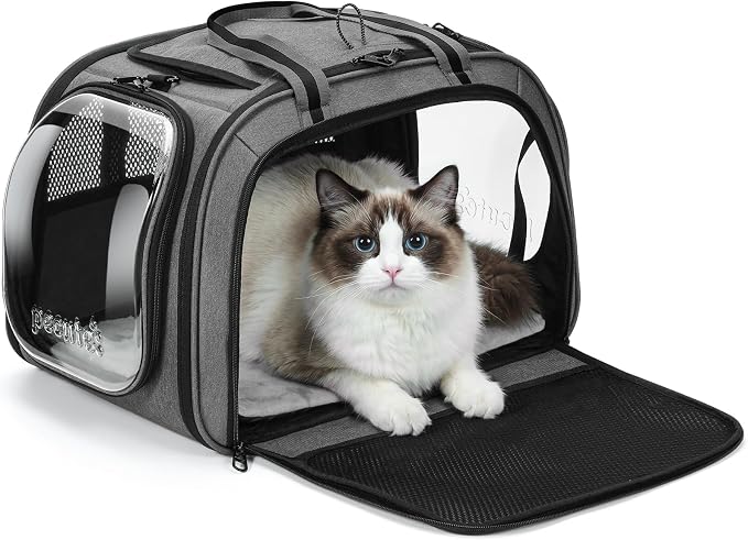 Pecute Cat Carrier with Bubble Window & Sunshade for Dogs Cats, Gray L | Dual bubble windows & top sunshade, 70% more airflow mesh, Impact-resistant stable frame, Locking zippers, Fits up to 15 lbs