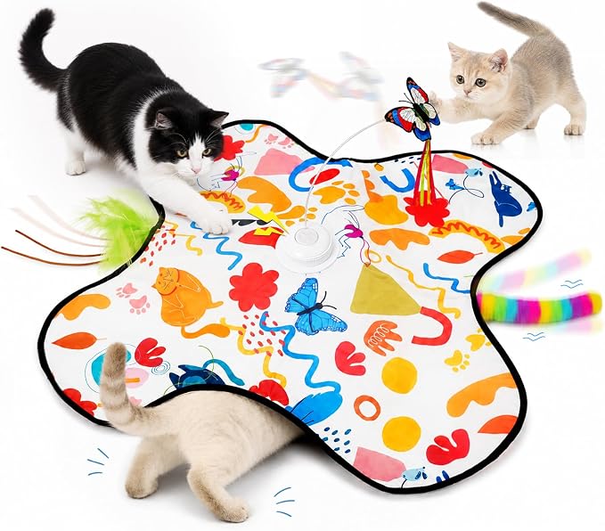 Interactive Cat Toys for Indoor Cats, 3 in 1 Hide and Seek Cat Toy with Moving Feather and Fluttering Butterfly, Rechargeable Touch Activated Automatic Kitten Toy, Squeaky Sound, 3 Modes