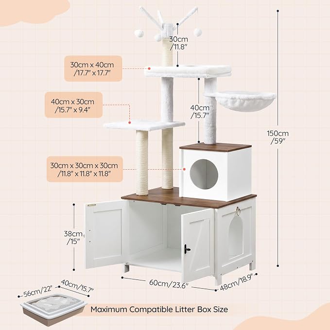 HOOBRO Cat Tree with Litter Box Enclosure for Indoor, 59 Inch Modern Cat Tower with Scratching Posts, Wooden Cat Condo, Hidden Litter Box Furniture, All-in-One Cat House, White and Walnut WH15MZ03