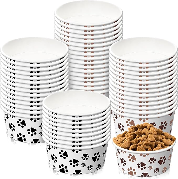 80 Packs Disposable Dog Bowls 12 Oz/1.5 Cup Pet Feeding Bowl for Small Dogs, Cats - Leakproof Paw Paper Pet Bowl for Wet Food, Water
