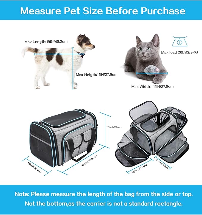 Airline Approved Pet Carrier, Large Soft Sided Pet Travel TSA Carrier 4 Sides Expandable Cat Collapsible Carriers with Removable Fleece Pad and Pockets for Cats Dogs and Small Animals