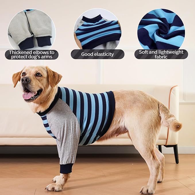 FUAMEY Dog Recovery Sleeve with Elbow Protector, Blue Stripes, 3XL | Stop Licking Joints, Comfortable, Soft Pads,Long Sleeve Suit, Protecting Front Leg Arm Wounds, Cover Skin Conditions