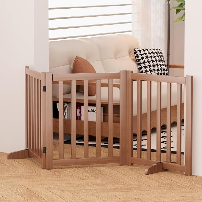 Wooden Freestanding Foldable Dog Gate, 24 Inch Height 3 Panel Pet Gate No Drill for Doorways Stairs, Fully Assembled Indoor Puppy Fence (Teak Color, 60" W x 24" H)