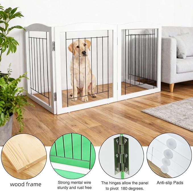 ZJSF Freestanding Foldable Dog Gate for House Extra Wide Wooden White Indoor Puppy Gate Stairs Dog Gates Doorways Tall Pet Gate 4 Panels Fence