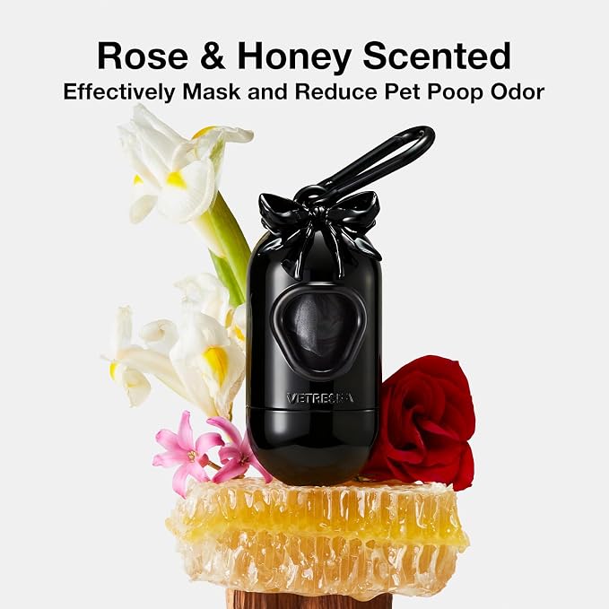 VETRESKA Dog Poop Bag Dispenser with 105 Counts, Rose & Honey Scented | Leak Proof and Extra Thick Pet Waste Bags for Dog Walking and Cat Litter