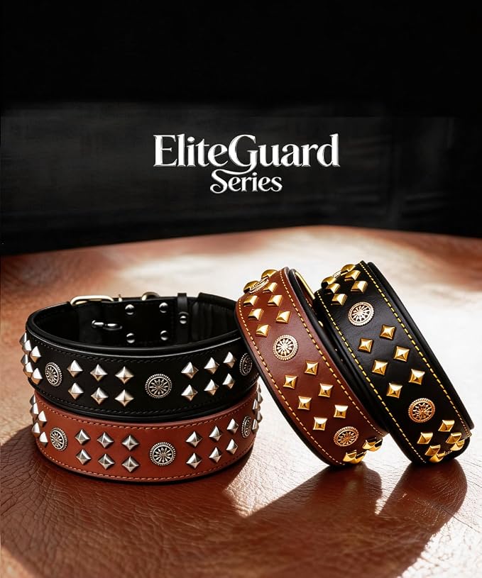 Genuine Leather Dog Collar 2.2 in Wide for Large Dogs Heavy Duty, BK-SL-S | Handcrafted,Stainless Steel Buckle and Alloy Studded,Soft Padded,Fashionable Daily Wear for Large Giant Breed,16.5-20.5 in