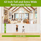 Reinforced 42" Tall Dog Gate 195" Extra Wide Retractable Baby Gate, White | Indoor Tall Pet Gate, Outdoor Retractable Gate, Space-Saving, Easy to Use, Safety Lock, Scratch-Resistant Mesh, Easy Install