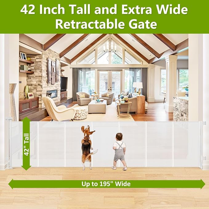Reinforced 42" Tall Dog Gate 195" Extra Wide Retractable Baby Gate, White | Indoor Tall Pet Gate, Outdoor Retractable Gate, Space-Saving, Easy to Use, Safety Lock, Scratch-Resistant Mesh, Easy Install