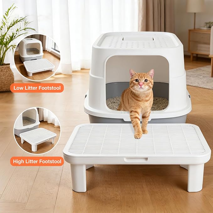 Cat Step Ramp Adjustable Litter Box Step with Filter Function, White | Elevated Double Layer Litter Box Ramp for Kitten & Old Cats, Easy Cleaning Litter Box Step Stool for Automatic Cat Litter Box