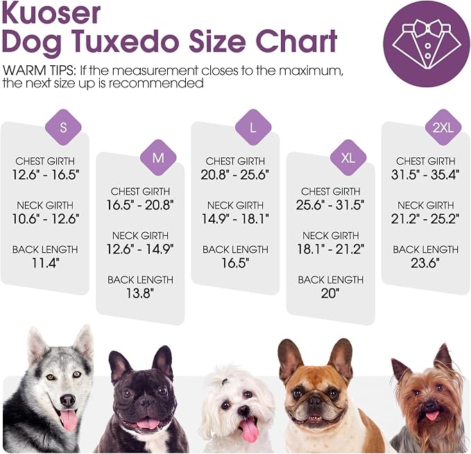 Kuoser Dog Tuxedo, Dog Suit and Bandana Set, Dogs Costume with D-Ring | Formal Dog Outfit with Detachable Bowtie Collar for Wedding, Birthday, Party, Christmas, Halloween, Purple L