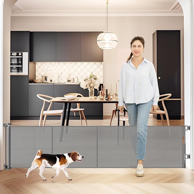 24 Inch Tall x 75 Inch Extra Wide Retractable Dog Gate for The House, Short Dog Gate to Step Over, Reinforced Mesh Puppy Gate for Doorways, Step Over Pet Gate for Stairs, Indoor/Outdoor, Gray