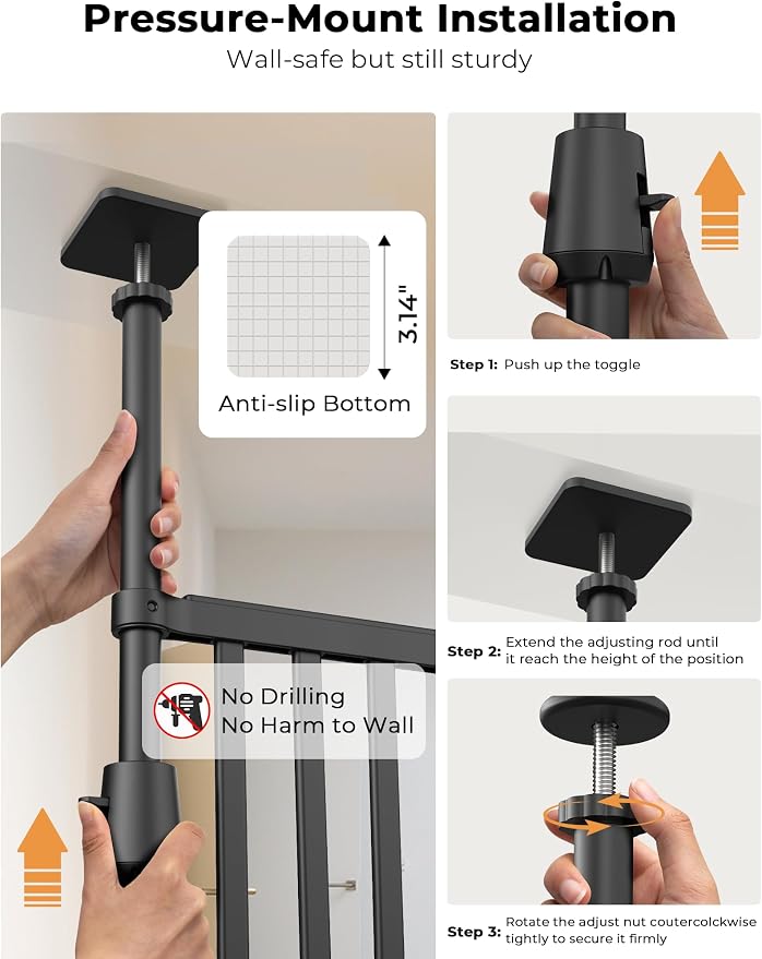 Extra Tall Cat Gate, 74.8”–90.5” High x 30.3”–38.2” Wide, No-Drill Pressure Mounted Safety Barrier for Doorways, Stairs, Hallways, Multi-Pet Separation，Black