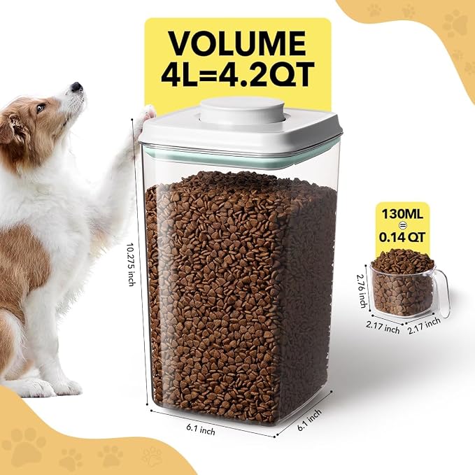 Dog Food Storage Container, 4L/4.2 Qt Airtight Pet Canister with One-Touch Lid, 130ml Scoop, BPA-Free Stackable Clear Kibble Holder for Kibble, Cat Food and Treats