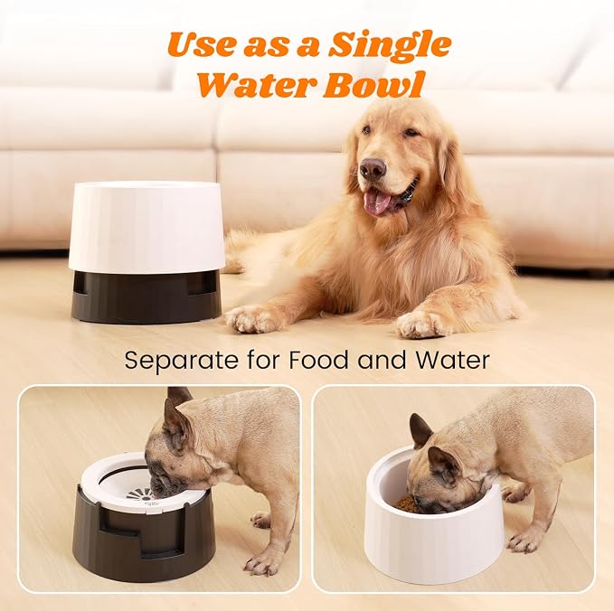 Raised 95oz Slow Drinking Dog Water Bowl No Spill Medium Large Breed | Single Elevated Stainless Steel Water Bowl with Floating Disc, Stable Sturdy Base and Snap on Adjustable Height Stand