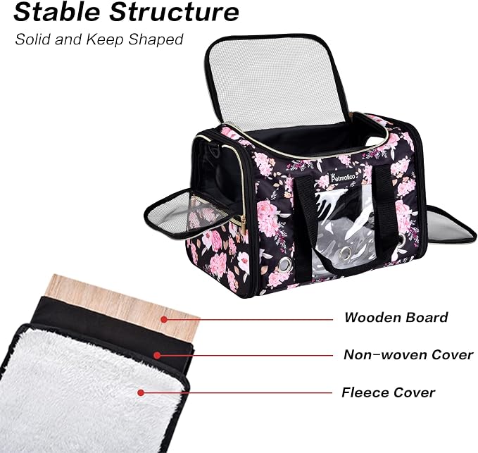Petmolico Cat Carrier Soft-Sided Pet Bag for Small Medium Cats Puppies 16LBs - Airline Approved Pet Travel Carrier 3 Open Doors (Medium,Pink Peony)