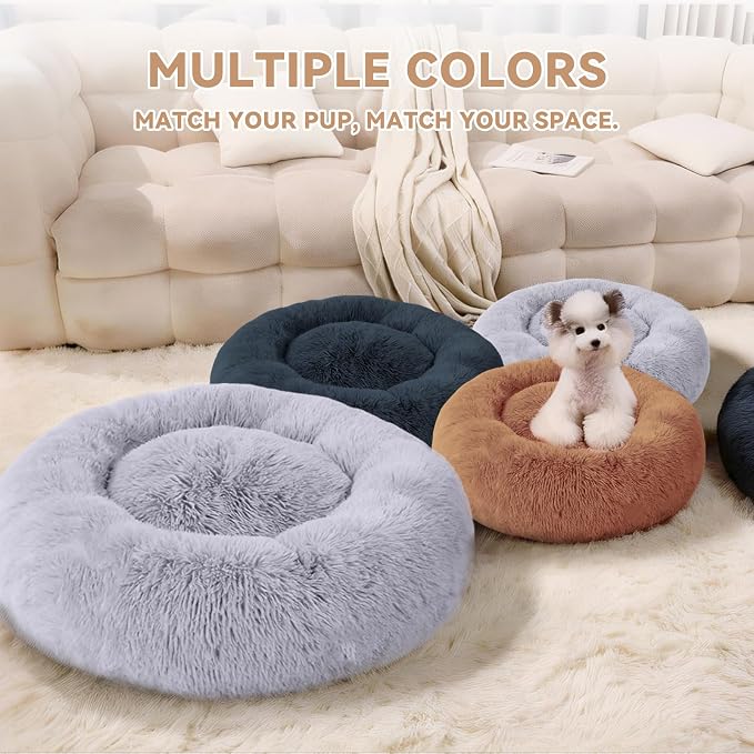 Calming Donut Pet Bed for Cats & Small Dogs, Ultra Soft Fluffy Anti Anxiety Cat Bed with Raised Rim, Washable Plush Round Puppy Bed for Indoor Cats, Kittens, Chihuahua & Yorkie (Khaki, 20 Inch)