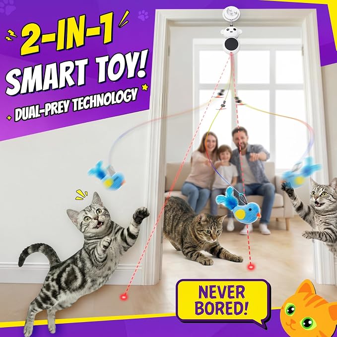2-in-1 Interactive Laser Pointer Cat Toy & Flying Bird Wand for Indoor Cats | No-Drill Doorway Play with Adjustable Speed, USB Rechargeable, Smart Auto-Pause, Bird & Mouse Attachments