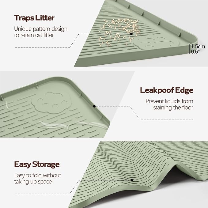 Silicone Cat Litter Mat for Litter Box 40”x40” Large Cat Mat, Green | Waterproof, Non-Slip, Leak-Proof Rug Mat with Lip, Easy to Clean, Extra Large Litter Catcher Mat for Floor