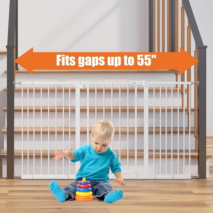 keny 29"-55" Extra Wide Baby Gate, Pressure Mounted No Drilling Dog Gate | for Stairs Doorways, Easy Walk Through Safety Gate for Babies or Pets, 30" Tall, White