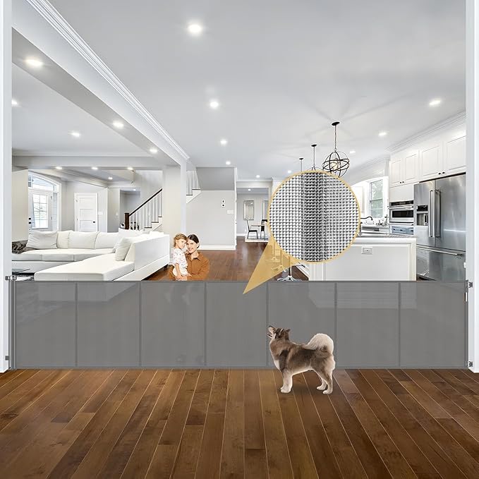 Reinforced 42" Tall 195" Extra Wide Retractable Fence Outdoor/Indoor, Gray | Tall Baby Gate Extra Long Dog Gate for Gagage, Space-Saving, Easy to Use, Safety Lock, Scratch-Resistant Mesh, Easy Install