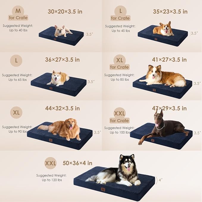 EHEYCIGA Orthopedic Dog Bed Large with Removable Washable Cover,Navy,41x27 | Egg Crate Foam Support,Durable Oxford fabric,Non-Slip Bottom,Machine Washable,Soft Waterproof Plush Pet Bed Mat For Crate