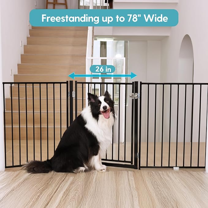 No Pawblems Full Metal Freestanding Dog Gate with Door, 30" Tall | Foldable Pet & Dog Fence for Stairs/Deck/Doorways, Indoor/Outdoor, Freestanding & Wall Mount, 78" Wide, 3 Panels, Black