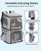 HOVONO Double-Compartment Cat Backpack Carrier for 2 Pets up to 18 lbs | 2-in-1 Pet Backpack Carrier for Small Cats & Dogs, Perfect for Traveling/Hiking /Camping/Vet Grey
