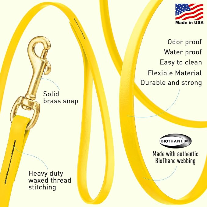 Viper Biothane K9 Working Dog Leash Waterproof Lead for Tracking Training Schutzhund Odor-Proof Long Line with Solid Brass Snap for Puppy Medium and Large Dogs, 20ft Lemon Yellow