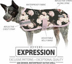 Jeffers Expression Dog Coat Waterproof Ripstop Winter Jacket 18" – 240g Insulated Blanket, Adjustable Belly & Chest Straps, Reflective Strips, Small to Large Breeds, Outdoor & Travel - Rose Garden
