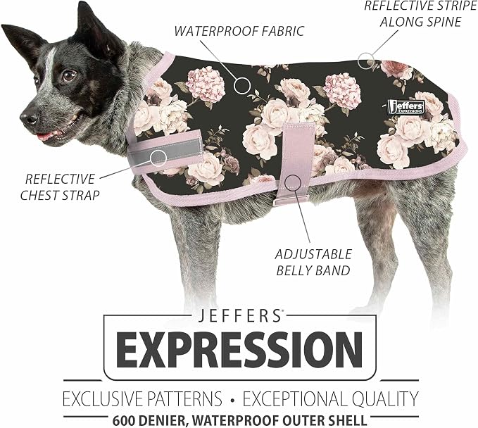 Jeffers Expression Dog Coat Waterproof Ripstop Winter Jacket 30" – 240g Insulated Blanket, Adjustable Belly & Chest Straps, Reflective Strips, Small to Large Breeds, Outdoor & Travel - Rose Garden