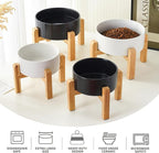 8'' Ceramic Raised Dog Bowl - 70Oz Dog Food & Water Bowl with Elevated Non-Slip Bamboo Stand, Dishwasher & Microwave Safe, Anti Vomiting Heavy Duty Pet Bowl for Medium and Large Dogs, Black