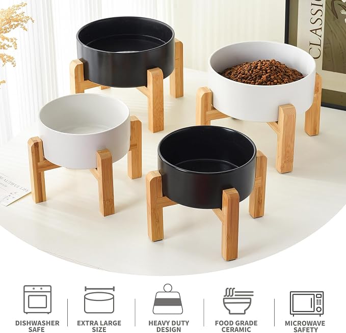 6'' Ceramic Raised Dog Bowl - 30Oz Dog Food & Water Bowl with Elevated Non-Slip Bamboo Stand, Dishwasher & Microwave Safe, Anti Vomiting Heavy Duty Pet Bowl for Small and Medium Dogs, White
