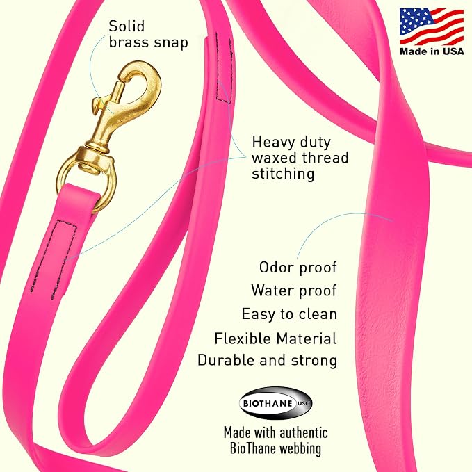 Viper Biothane K9 Working Dog Leash Waterproof Lead for Tracking Training Schutzhund Odor-Proof Long Line with Solid Brass Snap for Puppy Medium and Large Dogs, 33ft Passionfruit Pink