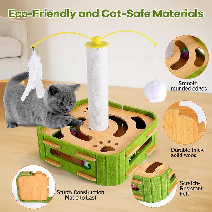 5-in-1 Cat Puzzle Box Toy for Indoor Cats Boredom Relief Interactive Wooden Cat Enrichment Maze with Balls, Feather Wands & Spiral Springs, Slow Feeder Treat Dispenser for Kittens & Adult Cats