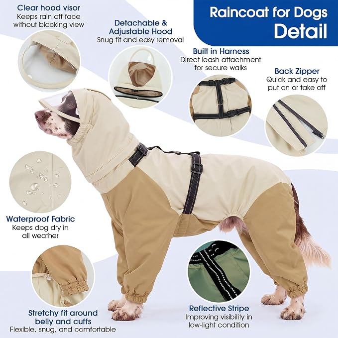 Nanaki Waterproof Dog Raincoat with Removable Hood-Full Body Outdoor Jacket | For Rainy Days,Hiking Camping,Reflective Safety Strips,Full-Body Protection,Easy On/Off,Detachable&adjustable Hood,Breathable
