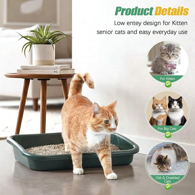 Uiifan 3 Pcs Extra Large Low Entry Cat Litter Box for Senior Kitty Pet Open Top Litter Box for Senior Kitten Handicap Disabled Older Elderly Cats, Easy to Clean(Dark Green,16.9 x 12 x 3.15 Inches)
