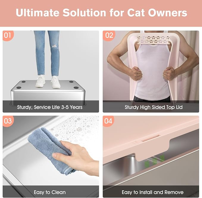 2PACK Stainless Steel Cat Litter Box with High Sides Lid, XL Litter Box for Big Multiple Cats, Extra Large Metal Kitty Litter Boxes with Anti-Leakage Enclosure, Non-Stick,Odorless,Scoop Included