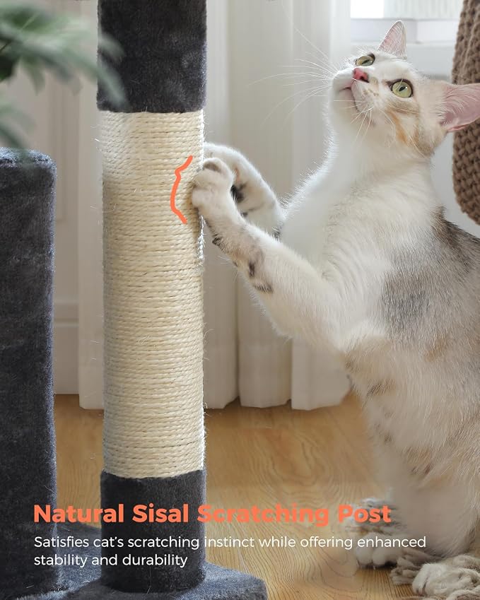 XL Cat Tree 44" Cat Tower for Large Cats 20 lbs, 2 Spacious Caves | Multi-Level Cat Tree with Scratching Posts, Soft Padded Perch, 2 Dangling Toys